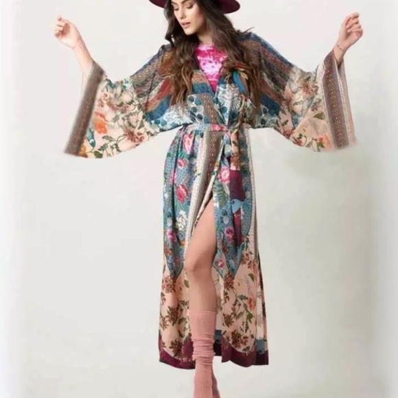 boho gypsy belted floral Long Kimono Cardigan - Picture 7 of 7